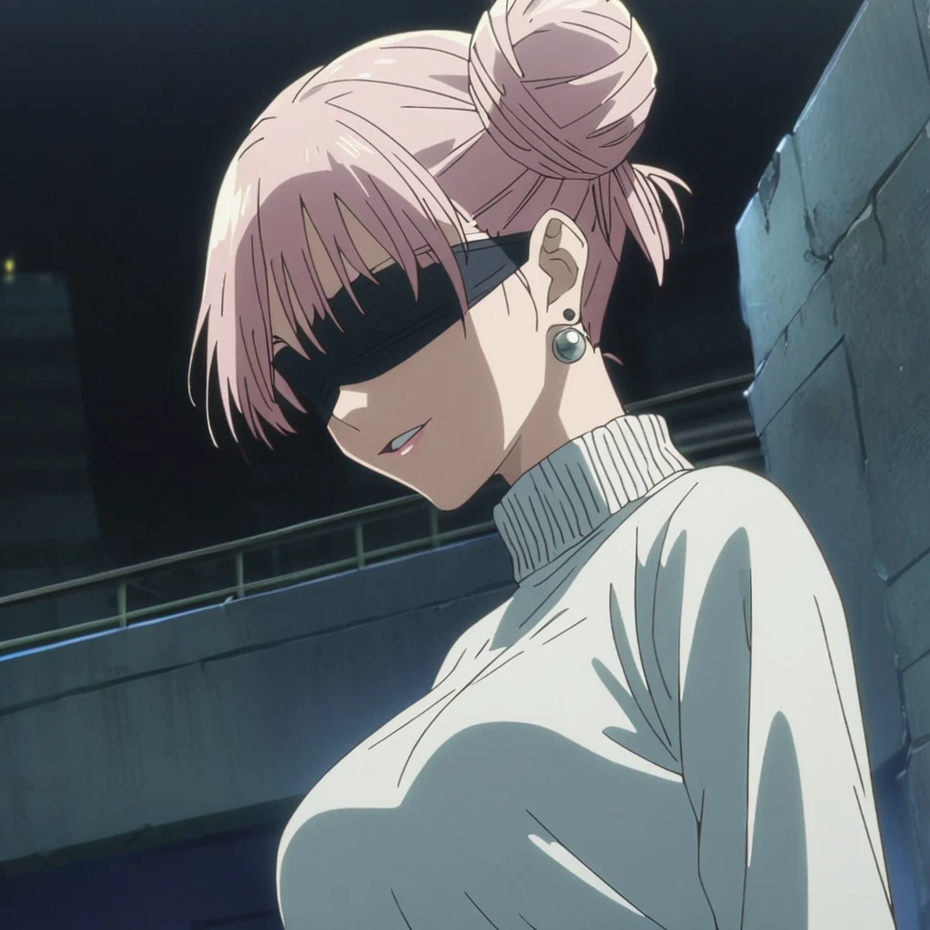 1girl, female gojo satoru, anime screencap from jujutsu kaisen, gojo satoru female version, solo, long_hair, ((wearing black blindfold)) ((silver_hair, hair bun)), night view, (hanging breasts) upper_body, smile, lips, (long hair) ((wearing white colour sweater)) breast, "very detailed and high resolution" (black blindfold) ((solo)) (((front view))) (earings) ((high resolution)) ((good quality)) ((silky hair, hair bun))