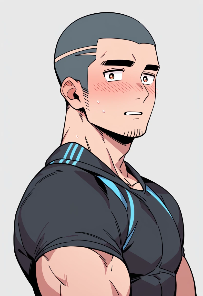 anime characters:Priapus, Muscle Sports Student, Buzz Cut, Manliness, male focus, Sports tight hooded sweatshirt, Very tight, full and perky chest muscles, muscular male, muscular, only, Upper body, alone, Black short hair, Thick eyebrows, stubble, Brown-red pupils, White background, simple background, amazing quality, best aesthetics, Ridiculous, crew cut, parted lips, flustered, endured face, shy, blush, negative space, best quality