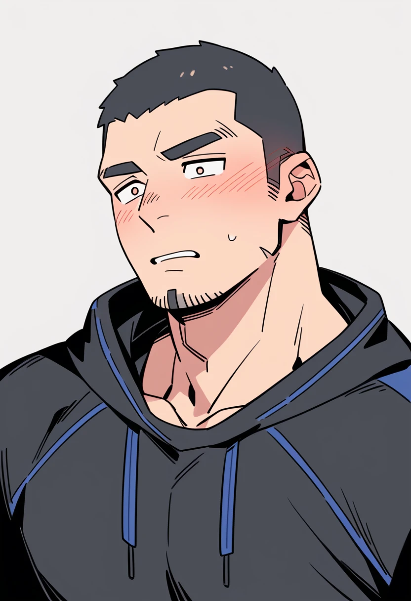 anime characters:Priapus, Muscle Sports Student, Buzz Cut, Manliness, male focus, Sports tight hooded sweatshirt, Very tight, full and perky chest muscles, muscular male, muscular, only, Upper body, alone, Black short hair, Thick eyebrows, stubble, Brown-red pupils, White background, simple background, amazing quality, best aesthetics, Ridiculous, crew cut, parted lips, flustered, endured face, shy, blush, negative space, best quality
