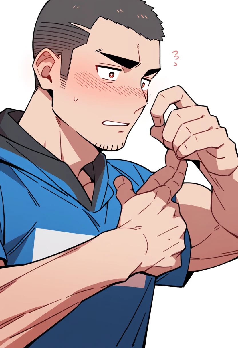 anime characters:Priapus, Muscle Sports Student, Buzz Cut, Manliness, male focus, Sports tight hooded sweatshirt, Very tight, full and perky chest muscles, muscular male, muscular, only, Upper body, alone, Black short hair, Thick eyebrows, stubble, Brown-red pupils, White background, simple background, amazing quality, best aesthetics, Ridiculous, crew cut, parted lips, flustered, endured face, shy, blush, negative space, best quality