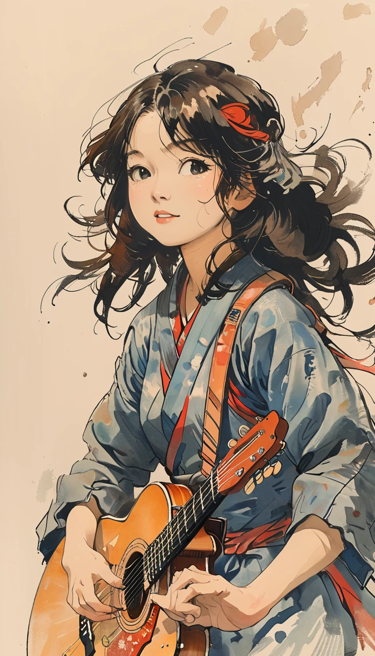 sketch、The Style of Kawanabe Kyosai、Girl、Playing the guitar
