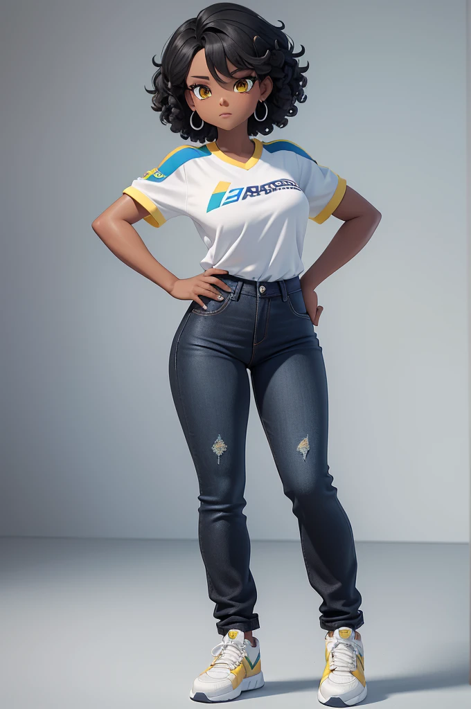 create a full body character for me, feminine, black, , short curly hair (balckpower) , wearing blue jeans, white sneakers and a Brazilian team shirt, Yellow, with a white background behind (without any scenery behind)