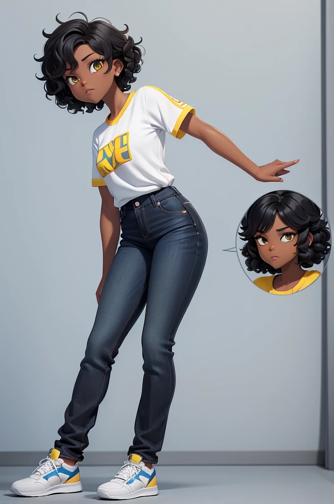 create a full body character for me, feminine, black, , short curly hair (balckpower) , wearing blue jeans, white sneakers and a Brazilian team shirt, Yellow, with a white background behind (without any scenery behind)