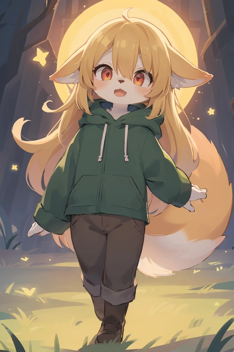 flat color, shota the fox, , was hairy, shaggy, skin fur, smooth lashes, golden fur, forelimb hands, straight long blonde hair, solid circle eyes, golden ears, golden fur, golden facial fur, shiny hair, red eyes, super cute face, 1fox tail, fluffy tail, furry tail, glowing eyes, green coat green hood down, brown trousers, open mouth, full body, ambient light, ultra-fine fur, dashed eyes, masterpiece, high quality, high-details, best quality, (solo)
