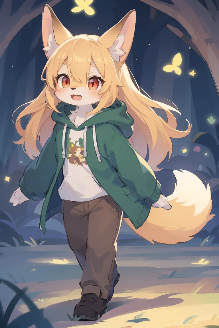 flat color, shota the fox, , was hairy, shaggy, skin fur, smooth lashes, golden fur, forelimb hands, straight long blonde hair, solid circle eyes, golden ears, golden fur, golden facial fur, shiny hair, red eyes, super cute face, 1fox tail, fluffy tail, furry tail, glowing eyes, green coat green hood down, brown trousers, open mouth, full body, ambient light, ultra-fine fur, dashed eyes, masterpiece, high quality, high-details, best quality, (solo)