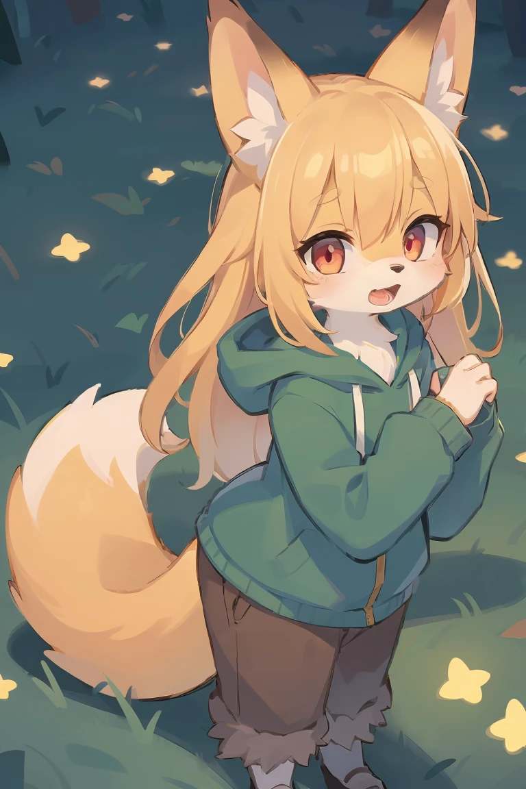 flat color, shota the fox, , was hairy, shaggy, skin fur, smooth lashes, golden fur, forelimb hands, straight long blonde hair, solid circle eyes, golden ears, golden fur, golden facial fur, shiny hair, red eyes, super cute face, 1fox tail, fluffy tail, furry tail, glowing eyes, green coat green hood down, brown trousers, open mouth, full body, ambient light, ultra-fine fur, dashed eyes, masterpiece, high quality, high-details, best quality, (solo)