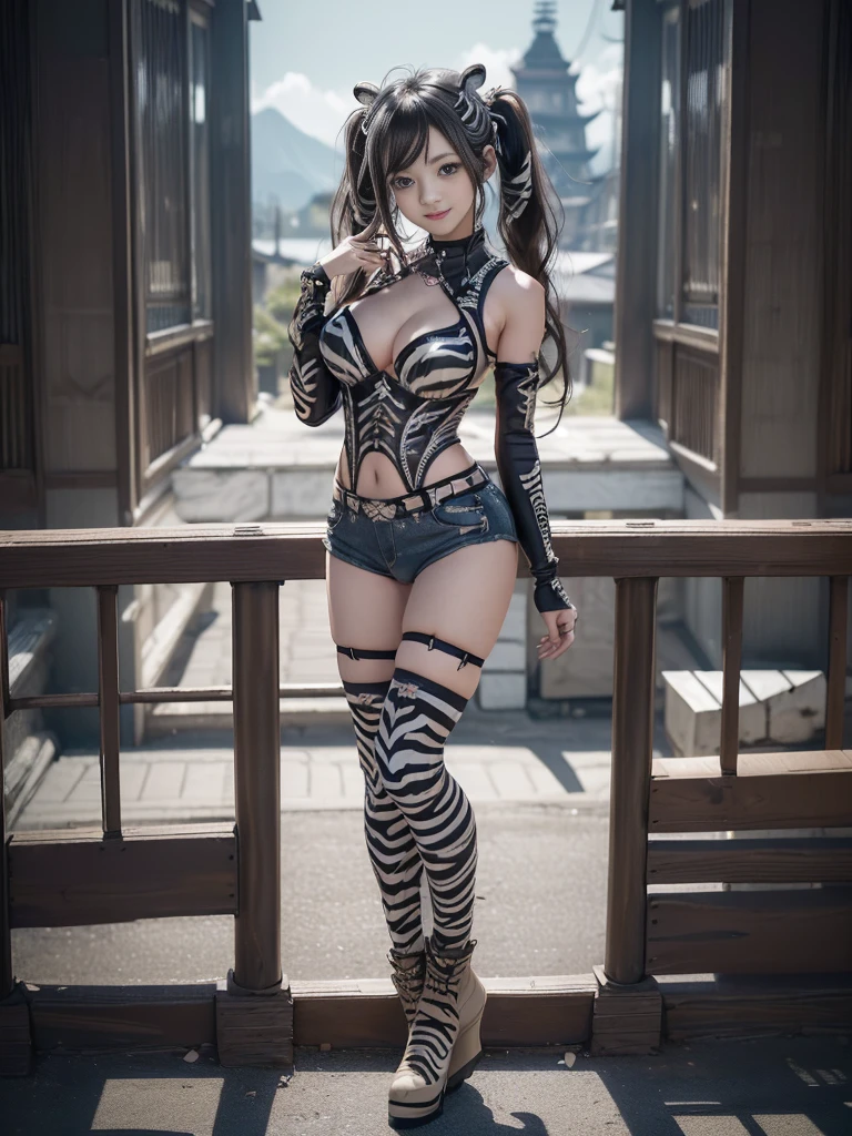 (Full Body View:1.3)、(Full body:1.2)、(Smiling with teeth showing:1.3),(Shibuya Gal:1.5)、(Gothic ta style fashion:1.5)、(Punk RockVisual Kei:1.5)、(Wearing a rhythmic gymnastics bodysuit with intricate details:1.4)、(Racing suit and shorts in beige, denim and charcoal with intricate details:1.5)、(Denim and black and brown long boots:1.3)、(Denim and beige knee socks:1.3)、((belt))、(Numerous delicate logo marks all over the costume:1.4)、(collar:1.3)、(Zebra pattern underwear:1.5)、20-year-old、NSFW、((Highest quality、In 8K、masterpiece:1.3))、Sharp focus:1.2、(Layered Cut、Huge boobs:1.1),Beautiful woman with perfect figure:1.4、(do a gravure pose:1.3)、Slender Abs:1.2、Highly detailed face and skin texture、Detailed eyes、double eyelid,(Twin tails:1.3)、(Black brown hair:1.3)、Gravure idol、(The background is a vast mountain々Beautiful European tourist destinations:1.3)、(Slim Body:1.3),(Make your legs thinner:1.4),（clavicle:1.1）
