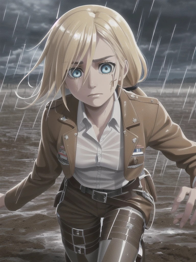 masterpiece, Highest quality, High resolution, (The intense look of dusk:1.2), Dynamic Angle, (Dramatic lighting:1.2), (Heavy raindrops falling:1.1), (Muddy battlefield background:1.1), (Remains of fallen soldiers:1.1), (Dark clouds loom overhead:1.2), (Tired but determined expression:1.2), (In the background is a tattered military flag.:1.1), Serious expression, One girl, alone, View your viewers, smile, history, Krista Lentz, Blonde, blue eyes, Hair between the eyes, short hair, ponytail, Official Art, Jacket, brown Jacket, Symbolism, belt, Thigh straps, pants, white pants, boots, shirt, white shirt, collared shirt, (Tight clothing), unity 8k wallpaper, (figure:0.8), (Beautiful attention to detail:1.6), Highly detailed face, Highly detailed CG, (3D Face:1.1), (Shiny skin:1.5), (超High resolution intricate face details), (Facial skin pores:1.3), 超High resolution cloth texture, Shining Eyes, Perfect Eyes, Glowing Eyes