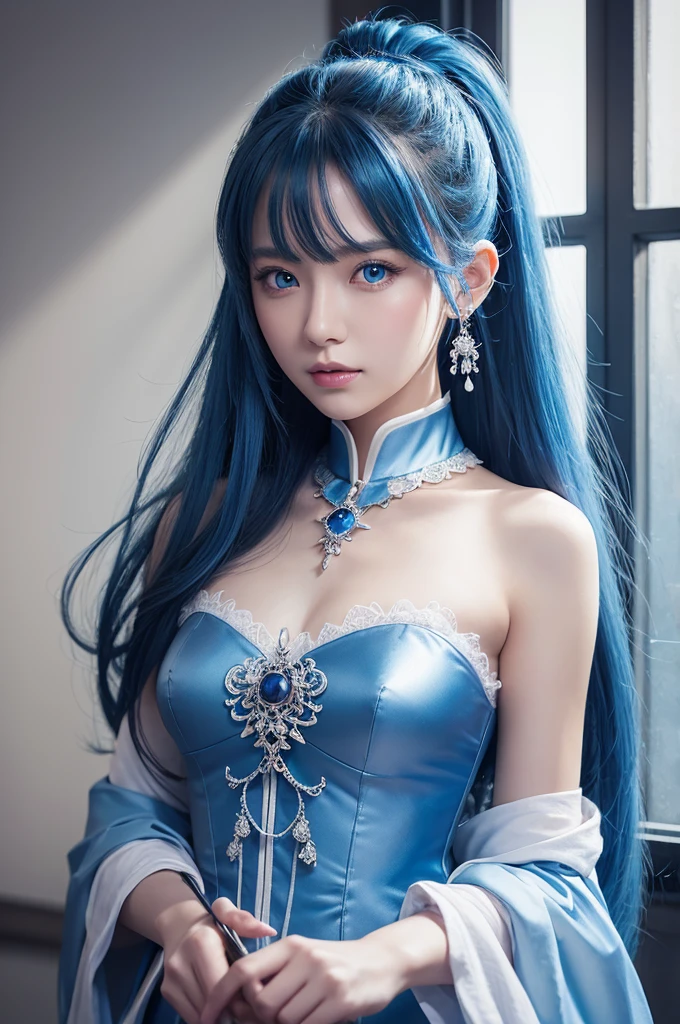 8k,Close-up of a woman in a blue and white dress、Draw your sword,Blue Hair, Super Beauty,(Like the real thing)blue eyes,ponytail,Chengwei Pan at Art Station、 By Yang Jo、 Detailed fantasy art、Amazing character art、 Fan Art Best Art Station、 Gorgeous and detailed character art、 Beautiful Armor、Highly detailed art gems、 Detailed digital animation art、 Art Station pixiv&#39;s artgerm、 Girl in armor,Dynamic Angle,Ultra-high resolution,Laugh out loud,Realistic Skin,attractive,Sexy,Active,Rich colors, Backlight, Cinema Lighting, Film Grain, 50mm lens, Nikon D850,Ultra-high resolution,Ultra-realistic,compensate,Super sexy,Big eyes,Beautiful breasts,Dynamic pose,