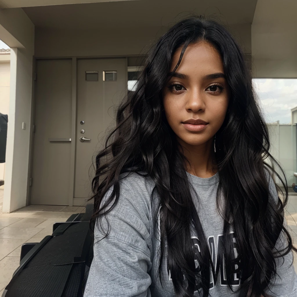 Dark-skinned woman, wavy black hair 