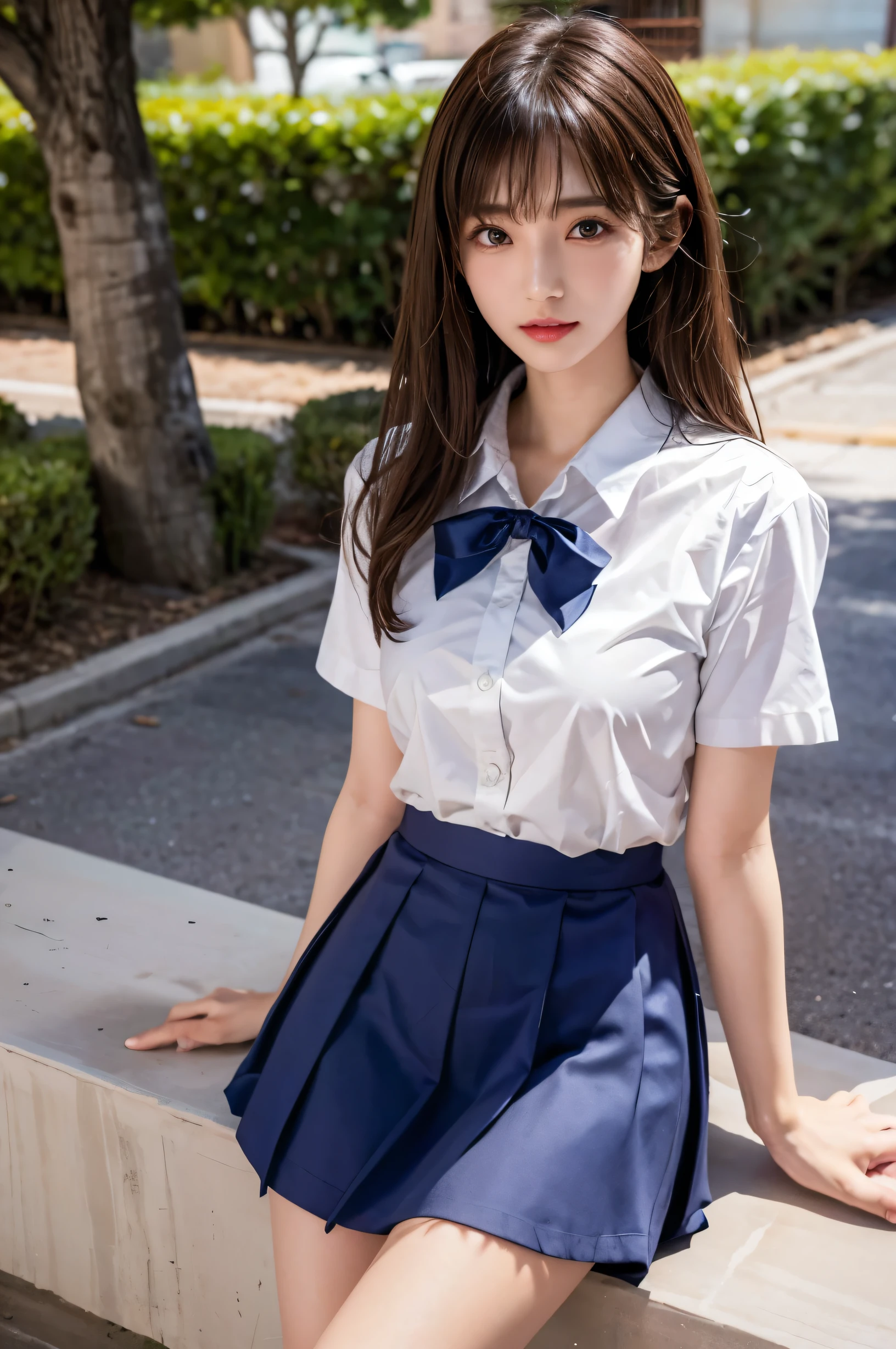 (ultra HD), (White short sleeve shirt, Sailor suit, Navy blue mini skirt, Tight fit), Big Breasts, slender, whole body, (Clean and shiny skin, Whitening, No makeup), (Super slender face, Super beautiful face, Delicate face), (long hair, Layered Cut, Fluffy hair,light brown), (Patchy double eyelids, Slanted Eyes), Small Nose, Thin lips, Thin legs, Schoolyard
