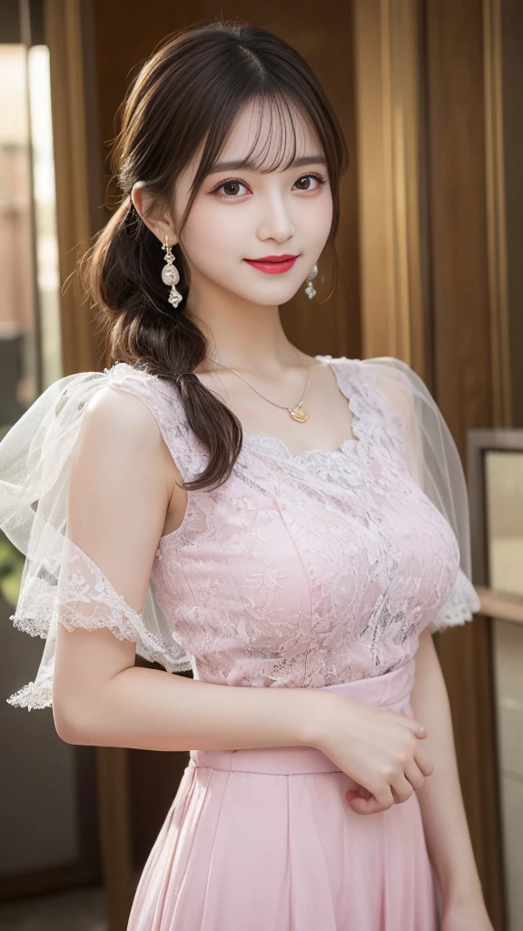 Fine details, high resolution, high quality、Perfect dynamic composition, Beautiful and delicate eyes, Double ponytail hairstyle, Beautiful breasts 、Natural lipstick, Face,Kamiaki、2 girls、clear translucent skin、Shiny hair、Pink luxury clothes、Fluffy skirt、Delicate lace、Complex dress、Exquisite hair accessories、Intricate earrings、Complex necklaces、a smile、