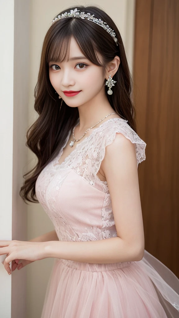 Fine details, high resolution, high quality、Perfect dynamic composition, Beautiful and delicate eyes, Double ponytail hairstyle, Beautiful breasts 、Natural lipstick, Face,Kamiaki、2 girls、clear translucent skin、Shiny hair、Pink luxury clothes、Fluffy skirt、Delicate lace、Complex dress、Exquisite hair accessories、Intricate earrings、Complex necklaces、a smile、