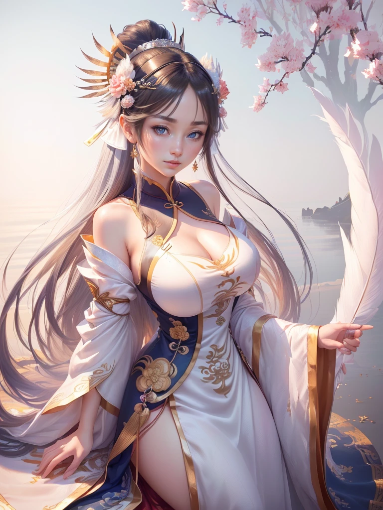 anime lady in a silver dress with a feather on her head, yun ling, inspired by Li Mei-shu, full body xianxia, highly detailed exquisite fanart, inspired by Pu Hua, inspired by Ju Lian, yang qi, lei min, Highly detailed CG unit 8k wallpaper, masterpiece, High resolution, highest quality, highest quality real texture skin, Super Real, Digital Painting, Best image quality, 最High resolution, 8k, ((Highly detailed eyes and face, Beautiful eyes every detail)), 1girl, Full Body Shot, smile, ((china clothes, オフショルダー, disproportionate breasts, huge breasts, gigantic breasts, )), )disproportionate breasts, huge breasts, gigantic breasts, )