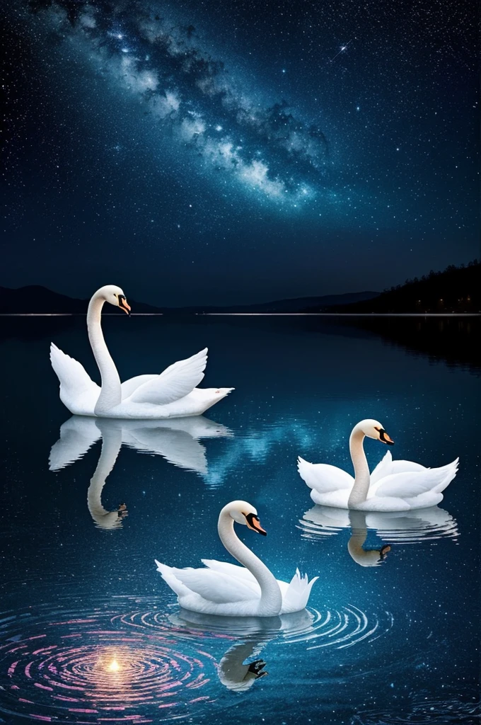 An image that displays a gleaming 3D bearing resemblance to a family of opalescent Swans.They appear to swim gracefully on a crystal pond. It is ornamented with silvery filigree and gleaming gems.The backdrop consists of a night sky filled with stars,adding an air of elegance and accentuating the otherworldly glow of the swan.The overall image gives off an aura of astronomical fascination,enigma, captivating allure, poster 19:6.hyper-realistic,ultra-shape, detailed.
