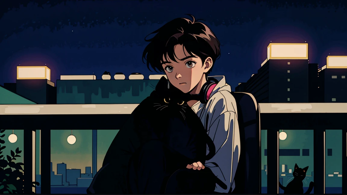 best quality, 8k, 1990s style,2010s hairstyles, 21-year-old boy, black hair, light brown eyes, city pop, pants ,night view, wearing headphones, whole body, relax coffee,table,confection,Looking at me, Black cat