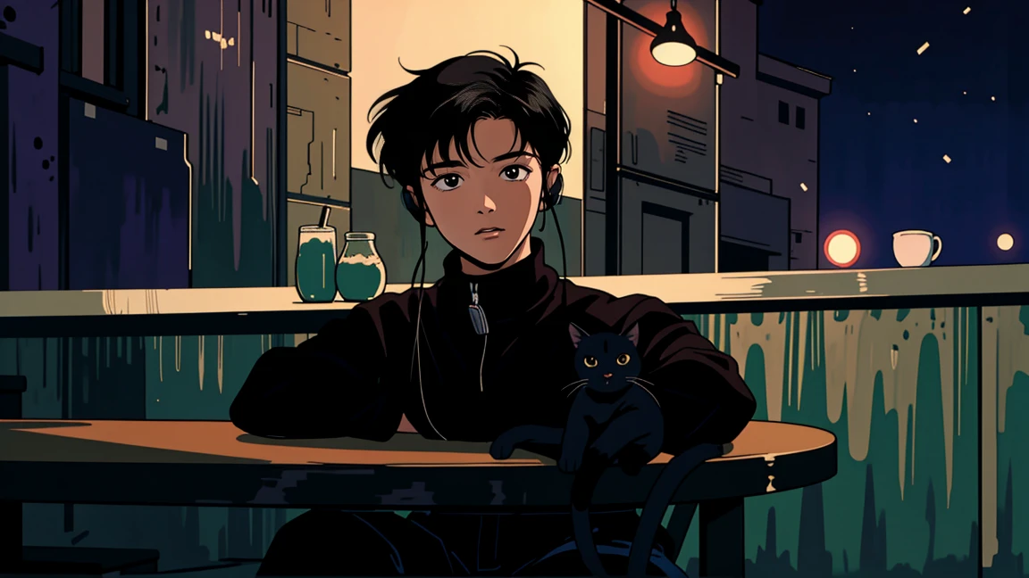 best quality, 8k, 1990s style,2010s hairstyles, 21-year-old boy, black hair, light brown eyes, city pop, pants ,night view, wearing headphones, whole body, relax coffee,table,confection,Looking at me, Black cat