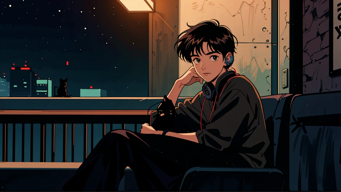 best quality, 8k, 1990s style,2010s hairstyles, 21-year-old boy, black hair, light brown eyes, city pop, pants ,night view, wearing headphones, whole body, relax coffee,table,confection,Looking at me, Black cat