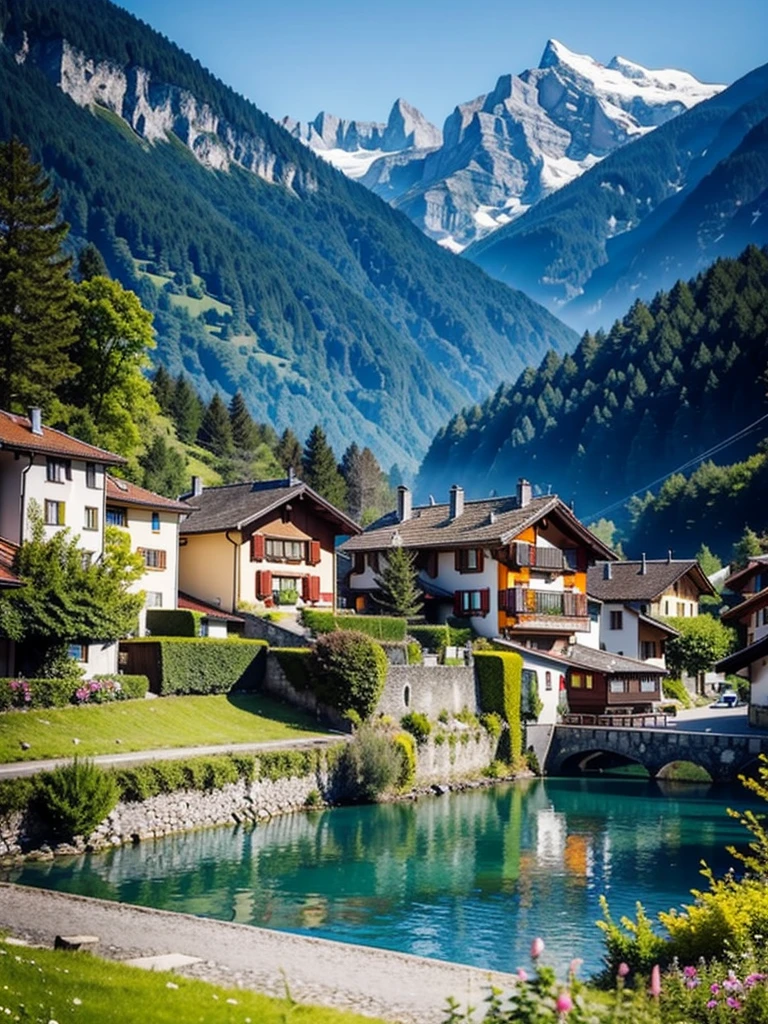 Mountain々を背景に湖畔の小さな町のSwitzerlandの眺め, Switzerland,architecture, Beautiful little town, alps, of a small village with a lake, Realistic photos of the town,(Actual scenery：1.5), Beautiful high resolution, beautiful place, Quaint village, in the Switzerland, Beautiful images, Very beautiful scenery,Orange roof house