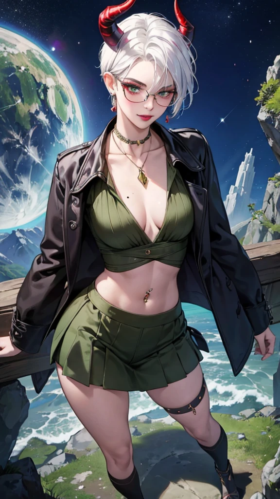 8k, masterpiece, best quality, highly detailed, 1 girl, tiefling, warlock, multicolored hair, very short straight hair green highlight hair on white hair, strippled hair, wearing glasses, round glasses, earrings, navel piercing, miniskirt, red eyeshadow, long eyelashes, blushed cheek, red lips, necklace, rings, collarbone, mole, glamorous, olive green clothing, smirk, fullbody view, rings, looking at viewer, demon horns, solo, nightmarish landscape, blue pale moon, standing, cosmic horror, decaying.