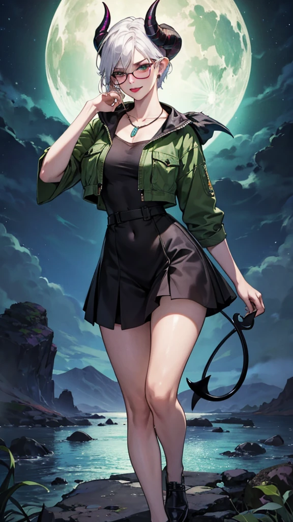 8k, masterpiece, best quality, highly detailed, 1 girl, tiefling, warlock, multicolored hair, very short straight hair green highlight hair on white hair, strippled hair, wearing glasses, round glasses, earrings, navel piercing, miniskirt, red eyeshadow, long eyelashes, blushed cheek, red lips, necklace, rings, collarbone, mole, glamorous, olive green clothing, smirk, fullbody view, rings, looking at viewer, demon horns, solo, nightmarish landscape, blue pale moon, standing, cosmic horror, decaying.