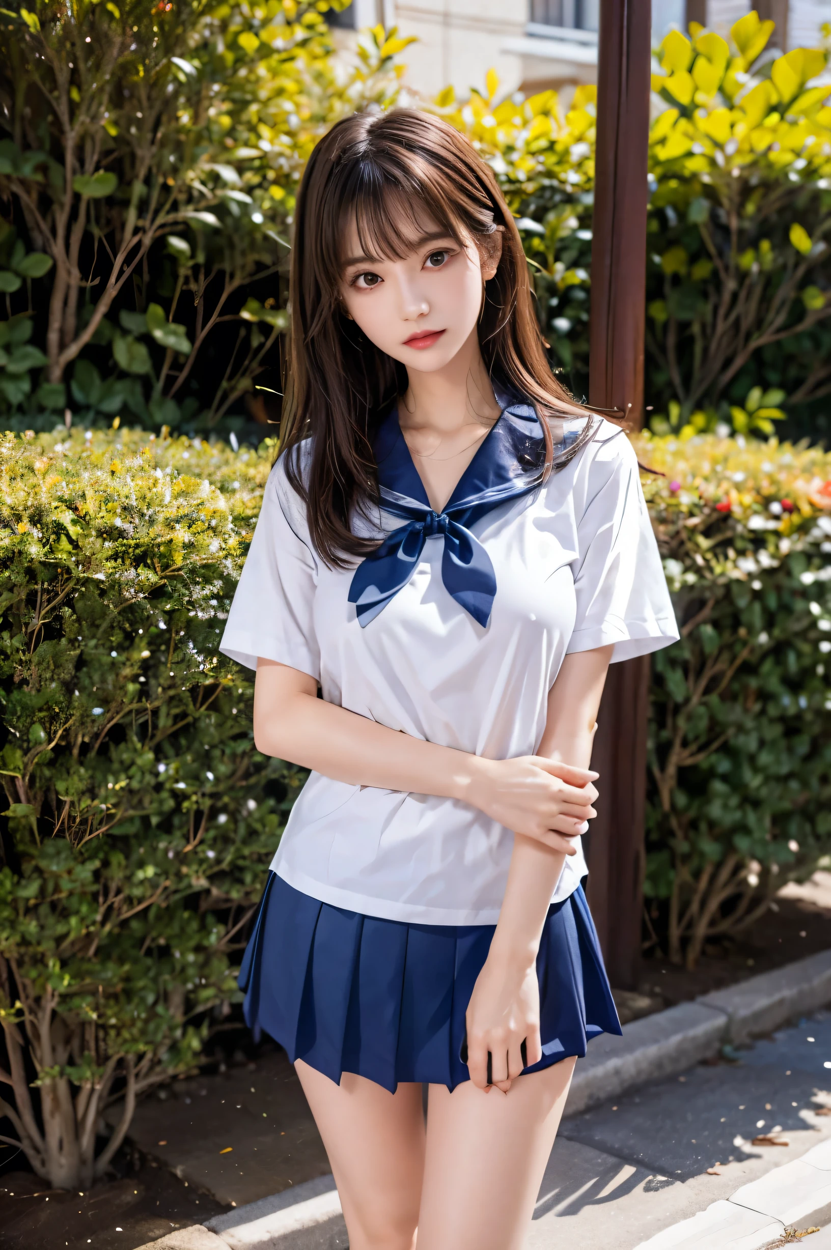 (ultra HD), (White short sleeve shirt, Sailor suit, Navy blue mini skirt, Tight fit), Big Breasts, slender, whole body, (Clean and shiny skin, Whitening, No makeup), (Super slender face, Super beautiful face, Delicate face), (long hair, Layered Cut, Fluffy hair,light brown), (Patchy double eyelids, Slanted Eyes), Small Nose, Thin lips, Thin legs, Schoolyard