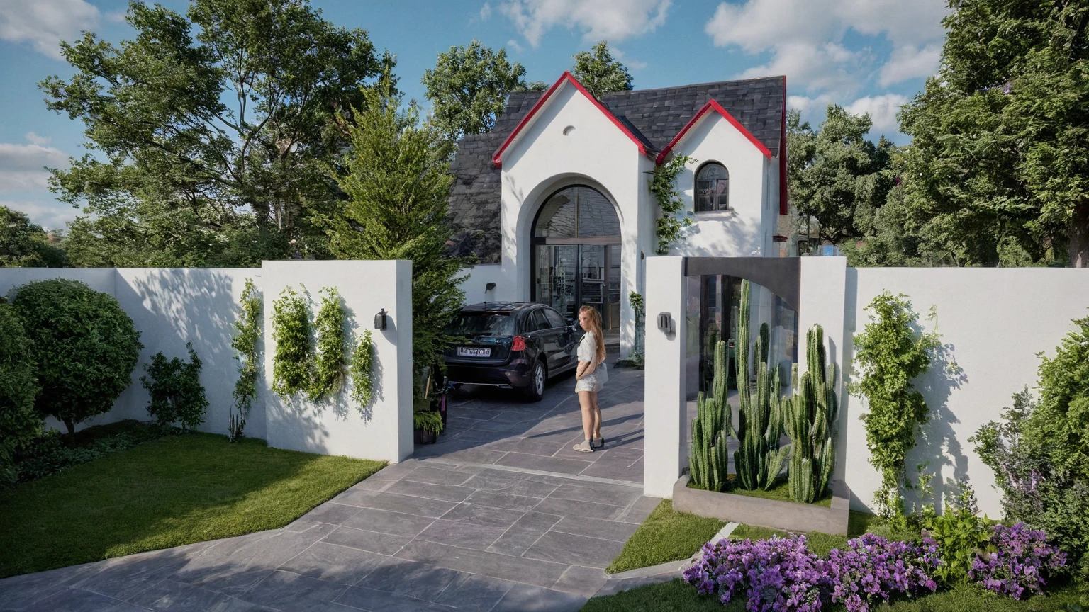 Raw photo,Masterpiece, high quality, best quality, authentic, super detail, exterior, outdoors,A small, one-story house with a white exterior with two prominent archways at the entrance. The house has a red, gabled roof and dark-framed windows. There are several plants near the entrance, including a climbing plant with purple flowers. The steps leading up to the entrance are black, with potted plants on both sides.,pavement, grass, trees, blue sky, (daylight:1.1), ((realistic photo))