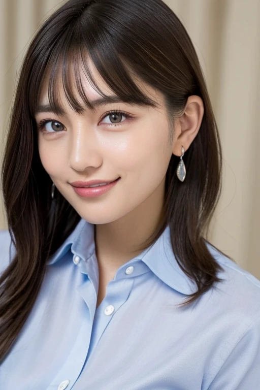 (High resolution、High resolution、high quality、High resolution、すべてをHigh resolutionで描画する)、Vivid crystal light blue eyes、Very small diamond-shaped earrings、Look straight at the camera、Listen carefully、light in your eyes、Beautiful very short black hair、Beautiful hair with beautiful and very short bangs、Straight beauty Bang、Beautiful neckline、Beautiful 28 years old、Lip gloss、Long neck、smile、Beautiful teeth alignment、beauty、Beautiful woman、Pure white open-collar business shirt、A pure white business shirt with an open chest、Lengthen the left and right ends of your bangs、Beautiful composition、Roll up the sleeves of a long-sleeved business shirt:1.4、Beautiful Supermodel、Naked from the waist up