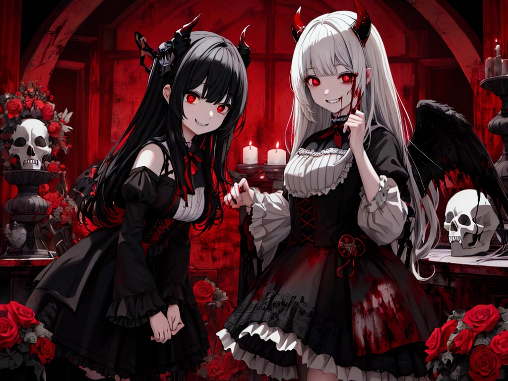 (Highest quality,4K,High resolution,masterpiece:1.2),Very detailed,Realistic:1.37,masterpiece, Highest quality, Exquisitely crafted, woman, beautiful, elegant, smile, Blood, iridescent Long Hair, bangs, skirt, shirt, Long sleeve, Frills, shoes, (Red and Black:1.4), flower, Spooky, Horror, 頭蓋Bones, Long Hair, Black Hair, Candles, Blood, hair flower, The dead, hair ornaments, Bone,  doll, 頭蓋Bone, skeleton,  Horror (theme),Spooky altar background,Dark fantasy,Red color scheme,Ominous atmosphere,Eye-catching,Storytelling,anatomy,Anime Style,Concept Art,beautiful細部までこだわった顔と (((Red eyes ))),Terrifying Ritual ,Satanic Ritual,Untimely Death,Unjust act,クレイジーなsmile,Scythe Face,Girl Monster, beautiful,  Delicate facial features, Sharp Eye, Sharp Fangs, Pale skin, Blonde,robot,Cursed Painting, Dark Background, Cinema Lighting, Dramatic Shadows, Gothic style, Gloomy atmosphere, Dark fantasy, One Girl, , Please open your mouth wide, Open your mouth and baring your teeth,Sharp teeth like a beast, Wide lips, very wide mouth, Vermilion cheeks, ,(Bloodしぶき:1.4),Scary smile, laugh at,Fallen angel design, ねじれたsmile、Bloodまみれの、頭からの出Blood,、Bloodしぶき、,(Bloodしぶき:1.4),Crossbones, 頭蓋Bone,Horrorスタイル, ((Fantasy Fallen Angel Costume)), ((流れるようなBlack Hair)), ,(Bloodしぶき:1.4),womanの曲線, Sexy flat stomach, Perfect hands, Perfect anime face, ((White Lolita Dress)), Are standing, ((邪悪なsmile)), ,(Bloodしぶき:1.4), Steam circulates, Moonlight Illumination, night lighting, disaster々new devil horns,,(Bloodしぶき:1.6),アニメFallen angel design, ねじれたsmile、Bloodまみれの、頭からの出Blood,、Bloodしぶき、,(Bloodしぶき:1.4),Crossbones, 頭蓋Bone,Gothic architecture、Western architecture、Fantasy World、,Victorian cities, 骸Boneのガス灯,