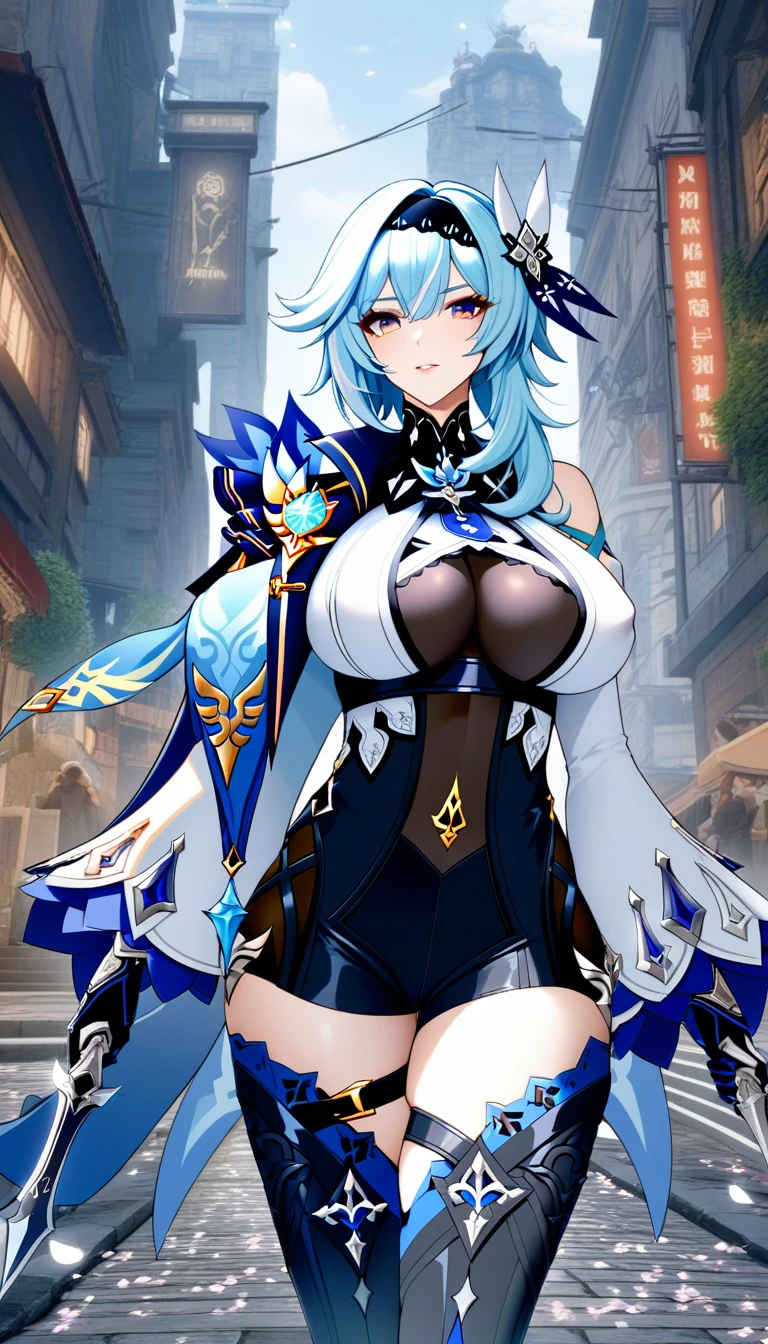masterpiece, best quality, very aesthetic, absurdres, 1girl, mature_lady, ,eula_(genshin_impact), genshin_impact, blue_hair, brown_eyes, hair_ornament, hairband, black_hairband, sidelocks, medium_hair, large_breasts,,long_the sleeve,White hood,short white pants,Tattoos,Eternal,arma,scyscraper,daggers,White boots, Leucorrhoea,White mask,in street,surrounding by flowers,falling_petals, petals,,covered_nipples
