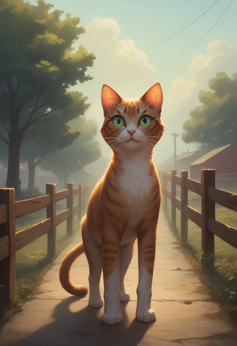 score_9, score_8, score_9_up, (content_sfw:1.1), high quality, high contrast, (realistic:1.2), cute, fat cat, walking on a wooden fence, scity skyline, urban wasteland, fur, vibrant color, sunny,daytime,summer, (portrait of a fat cat face, whiskers, cat ears:1.2),  