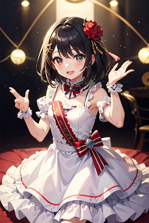 Highest quality、Black Hair、Iris、short hair、girl、cute、16 years old、、Small hair ornament、1 person、Idol Costumes、フリフリなIdol Costumes、dance