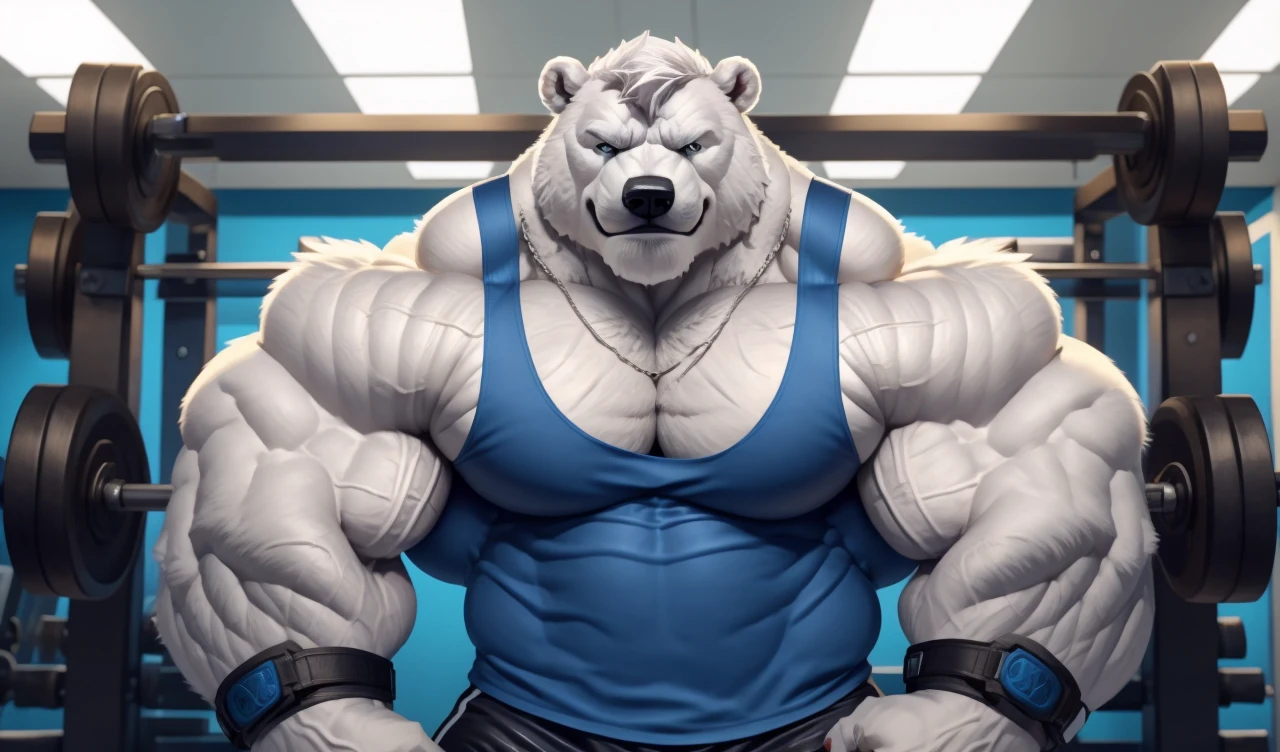 Brock Ólafsson The Huge Muscled Polar Bear, with White Hair, Blue Tank Top, Black Wristbands and Black Gym Shorts, Flexing His Thorax.