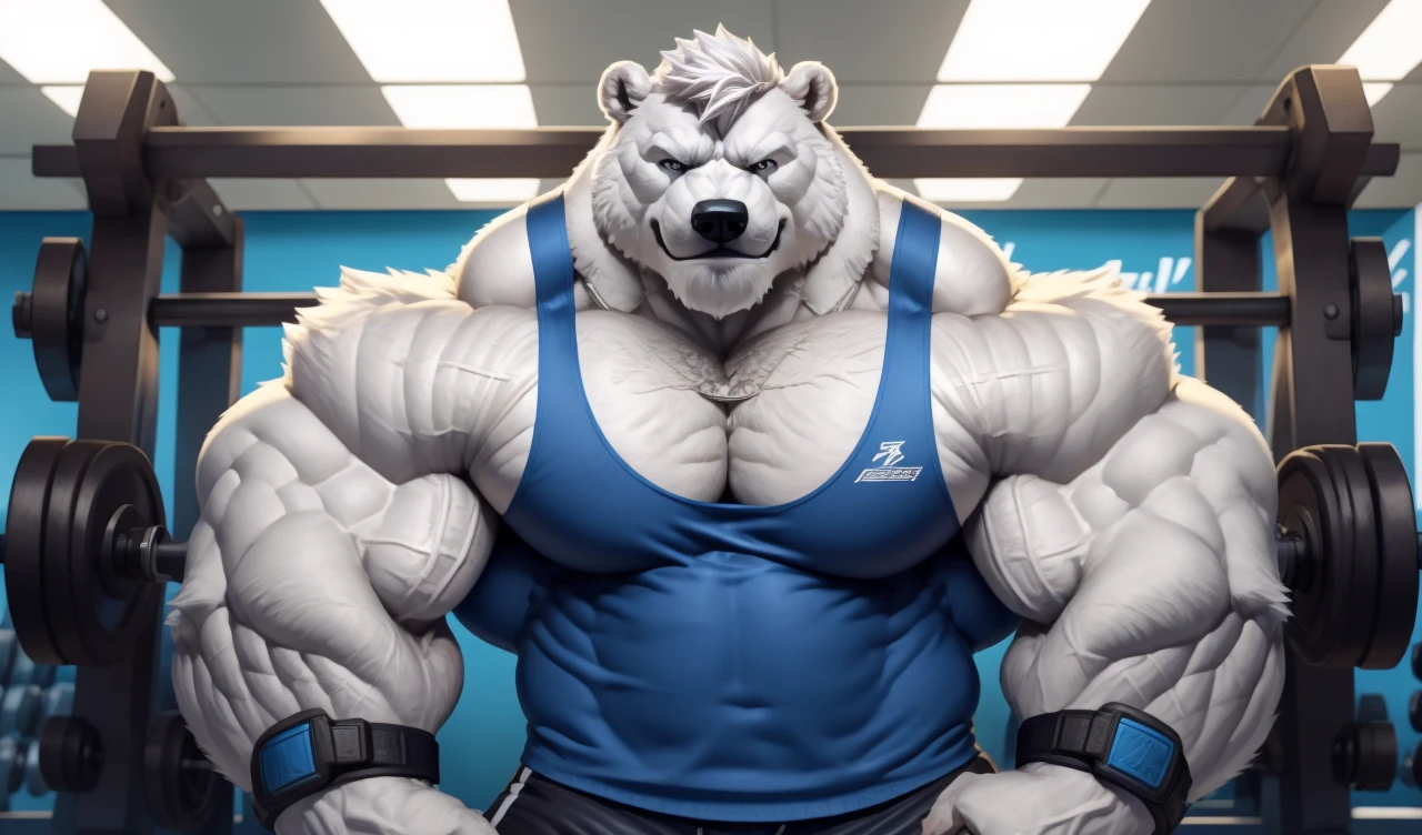 Brock Ólafsson The Huge Muscled Polar Bear, with White Hair, Blue Tank Top, Black Wristbands and Black Gym Shorts, Flexing His Thorax.