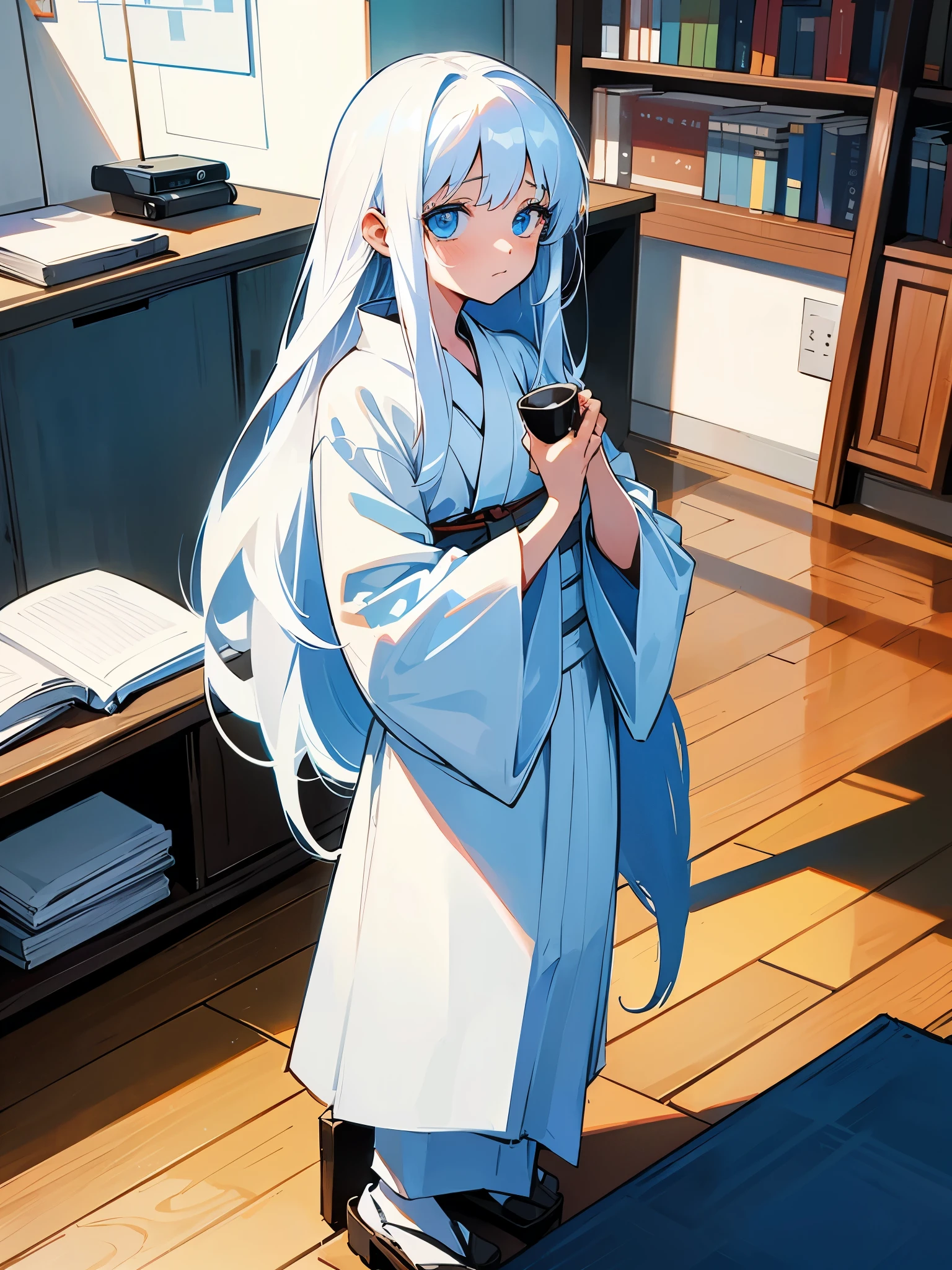 , , long white hair, wearing white kimono, blue colored eyes, holding a cup, is in an 80s style office, books around, wood floor, Grieving.