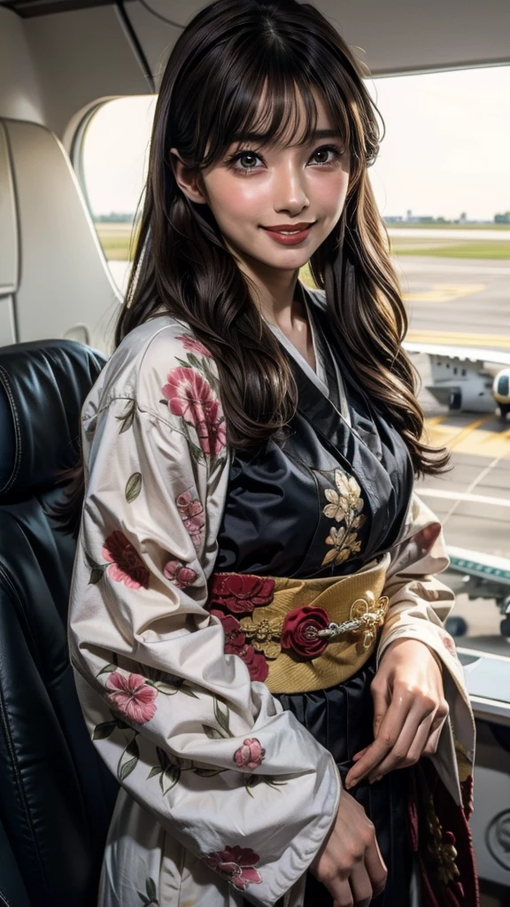 One girl, Ryujo (Kantai Collection), alone, Brown Hair, Twin tails, Brown eyes, Visor Cap, correct, Open your mouth, aircraft, smile, plane, White Background, kimono, Simple Background, His posts, Upper Body, Long Hair