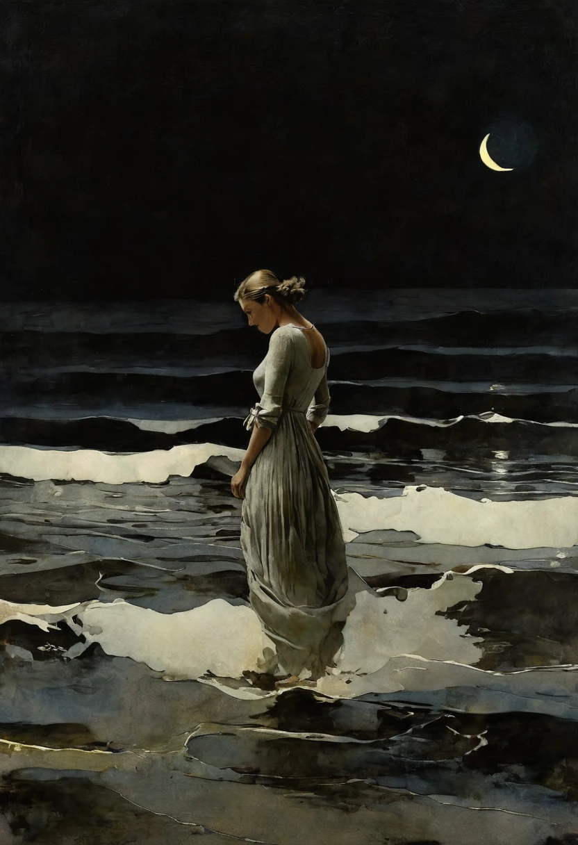 This is Andrew Wyeth - The Art of Andrew Wyeth - with a muted floral palette and dry brush technique creating a feeling of calm. (animation. perfect body anatomy. Woman in a dress emerging from the sea, neon realism, ocean waves at night, tied to a crescent moon, night, Romance, fairytale background) (minimalism: 1). Dietary composition, ideal body anatomy.
