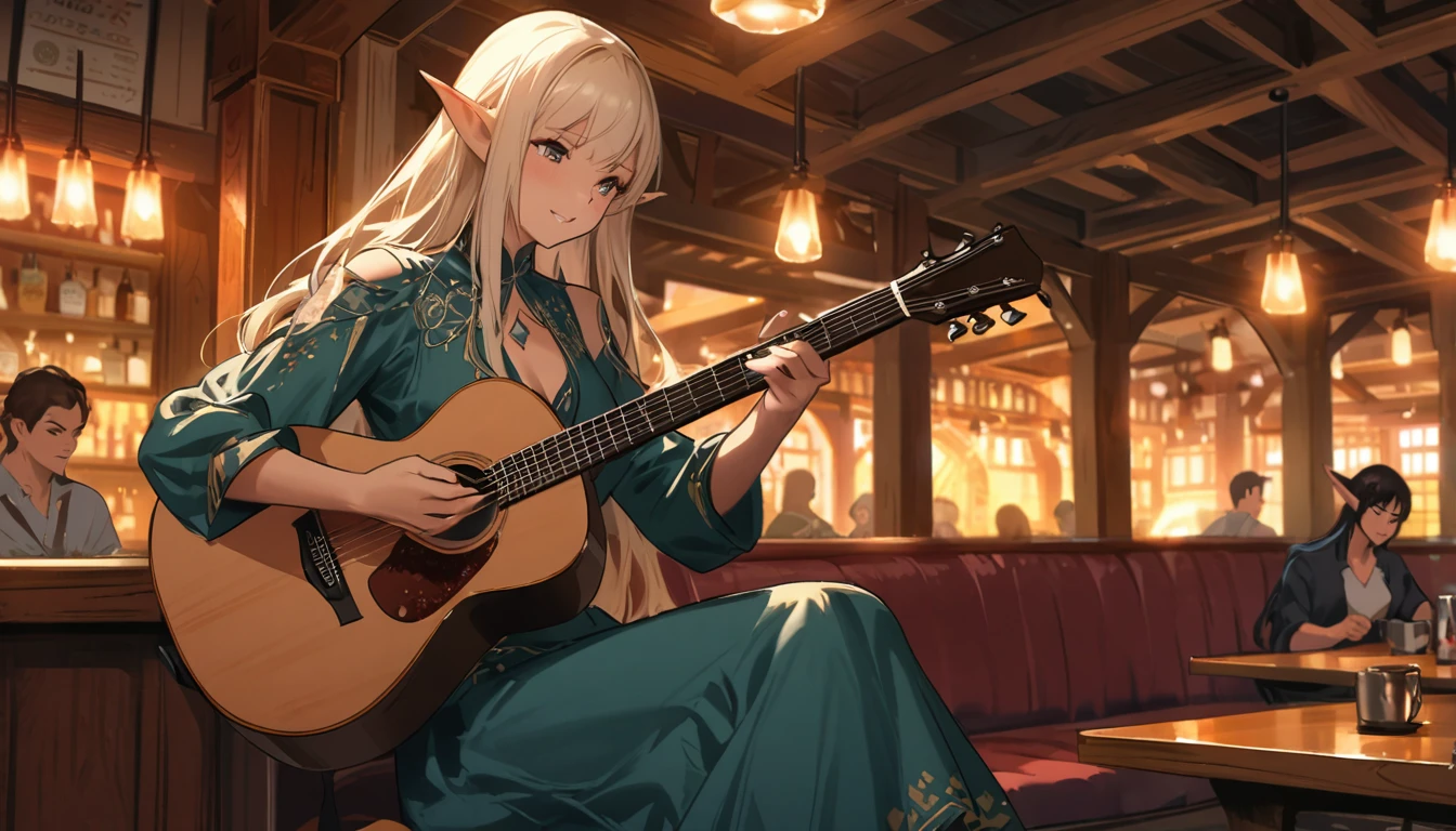 anime - show only the background, remove the elf girl playing the guitar, show only the restaurant