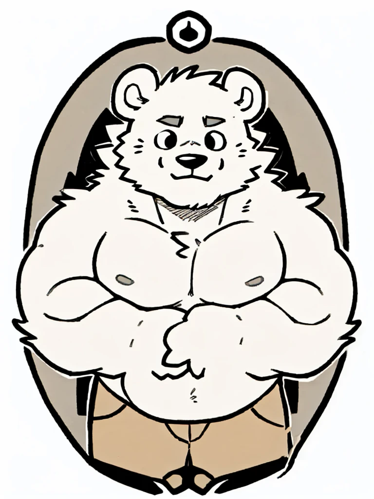 Polar bear face,Cute face,Humanity(polar bear), (without shoes) , Chubby, muscular character, bare chest, strong thigh, (grey eyebrows:1.1),(perfect black eyes), simple background,print style。（Artist:Takemoto Arashi