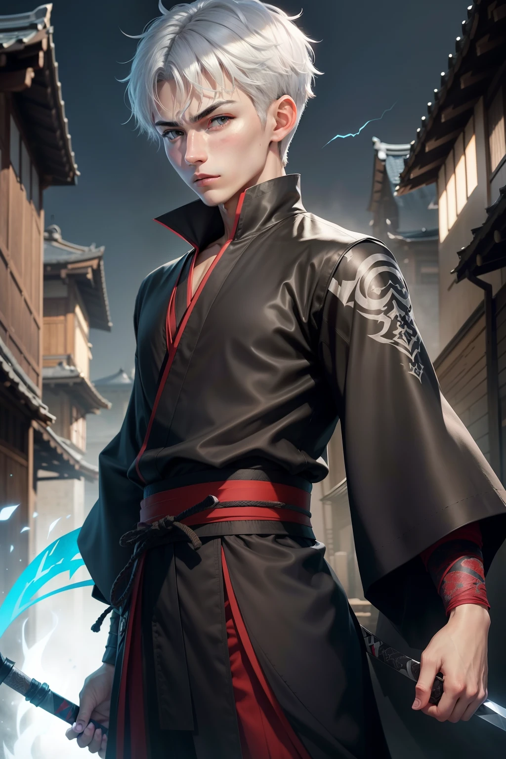 eighteen-year-old boy　short silver hair、thin male、Black eyes are small、blue colored eyes、Wearing an old ninja kimono、dagger in hand、Strike the Ninja Pose、Less exposure、