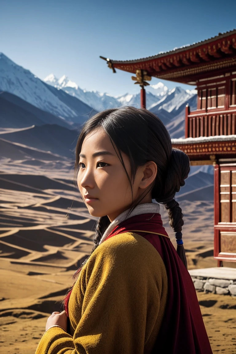 surrealism, Verism, Chiaroscuro, Depth of field, Cinematic lighting, movie picture quality,strong contrast of light and shadow,back lit lighting, filmgrain, hyper HD, Masterpiece, ccurate, Textured skin, Super detail, High details, High quality, Best quality, A high resolution, 8K,The scene is the scenery of the Qinghai-Tibet Plateau,There are snowy mountains,prayer flags,wooden cabin,「A beautiful 28-year-old Tibetan girl」,The costumes are Tibetan art costumes,Photographic style