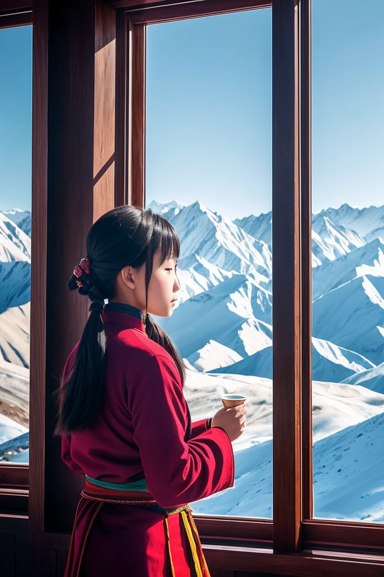 surrealism, Verism, Chiaroscuro, Depth of field, Cinematic lighting, movie picture quality,strong contrast of light and shadow,back lit lighting, filmgrain, hyper HD, Masterpiece, ccurate, Textured skin, Super detail, High details, High quality, Best quality, A high resolution, 8K,The scene is the scenery of the Qinghai-Tibet Plateau,There are snowy mountains,prayer flags,wooden cabin,「A beautiful 28-year-old Tibetan girl」,The costumes are Tibetan art costumes,Photographic style