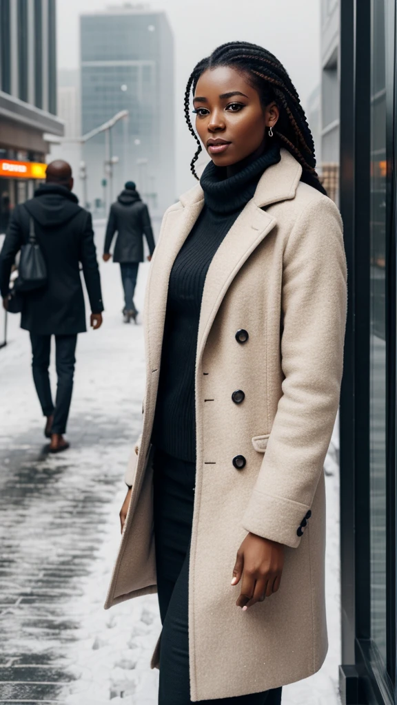 A beautiful beautiful black woman, beautiful silhouette, beautifuls + gentle lips+Businessman Tresse) are in a company . very realistic Ivorian communications manager,,,,,,,,,,,,,,,,,,,,, Make-up natural, chice, Wear warm winter fashion clothes, ((Do lado de fora, on the snowy city street)), stunning modern surroundings, ultra realisitic, concept drawing, chic, highy detailed, complicated, keen focus, Depth oF Field, F/1. 8, 85mm, medium shot, medium shot, (((professionally color graded))), Spilled, soft, diffuse light, (Volumetric fog), Trending on Instagram, HD 4k, 8k