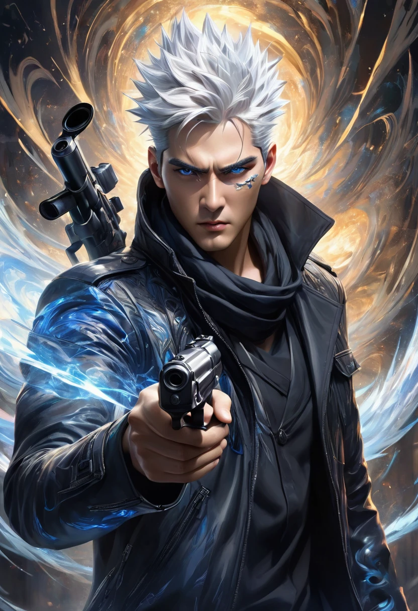 ( 正確Perfect anatomical structure )一名身穿黑色衬衫的男孩載 Single eye black eyepatch ( Single eye black eyepatch)、scarf, gray hair, Close up high dynamic range of man with spiky hair and white hair pointing gun forward dynamic sniper ( perfect anatomy ) Aim forward and emit bright light ( Perfect anatomical structure ) Handsome black jacket blue silver shiny swirling high dynamic vortex around man, Vortex Dynamic Masterpiece Perfect Composition Intricate Details Meticulous Digital Art