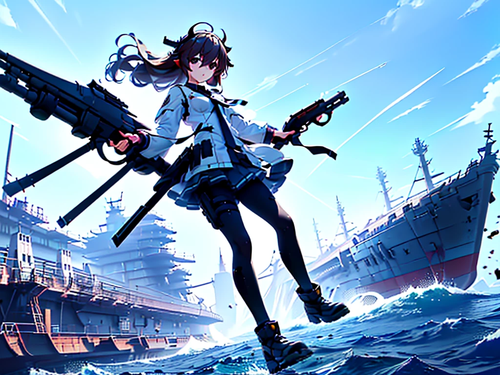 (((masterpiece, Vision))), ((((Full body of a woman with perfect flat chest、1 Female、solo、Short unkempt black hair、Tie your messy hair at the nape of your neck、white military jacket、Miko costume、black tights、Black glasses are black、White military cap、Cloudy black eyes、Confused eyes、Junyo-inspired emblem、Ship-style boots)))), (((Shipgirl))), ((Floating on the morning sea with both feet)), (Standing with your legs apart)), Aim, (Hold the shotgun turret grip with your right hand), (Four mechanical tentacles covered in white armor extend from its back.), (Holding a shotgun with metal tentacles), (Equipped with a bridge on the back), (His left arm holds the grip of a triple-barreled shotgun),