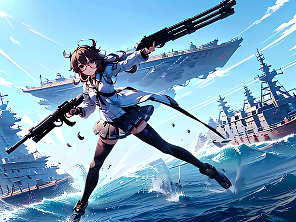 (((masterpiece, Vision))), ((((Full body of a woman with perfect flat chest、1 Female、solo、Short unkempt black hair、Tie your messy hair at the nape of your neck、white military jacket、Miko costume、black tights、Black glasses are black、White military cap、Cloudy black eyes、Confused eyes、Junyo-inspired emblem、Ship-style boots)))), (((Shipgirl))), ((Floating on the morning sea with both feet)), (Standing with your legs apart)), Aim, (Hold the shotgun turret grip with your right hand), (Four mechanical tentacles covered in white armor extend from its back.), (Holding a shotgun with metal tentacles), (Equipped with a bridge on the back), (His left arm holds the grip of a triple-barreled shotgun),