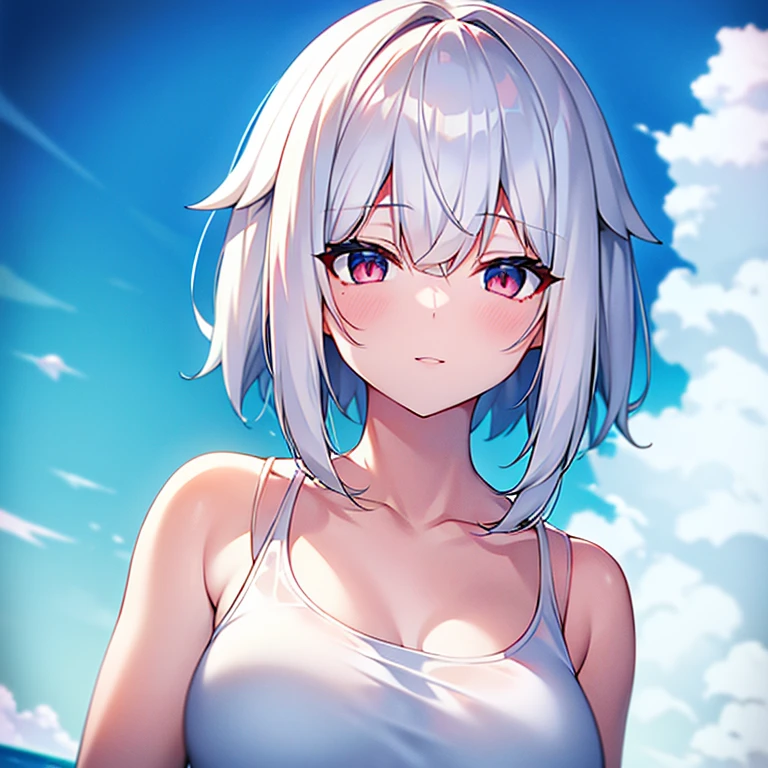 Une belle fille aux cheveux courts, cheveux blanc platine, tient un parapluie et marche sous la pluie,chef-d&#39;ouvrages d&#39;art，k hd，exteriors，,soleil couchant，Bonne qualité de coucher de soleil, 1fille, extremely detailed, grand, extremely delicate eyes, Honkai，klara avec de petits seins， décolleté des petits seins，(petits seins, silver-white hair。collier ras du cou，des boucles d&#39;oreilles, percer les cheveux, Short noirs,bas blancs avec dentelle，Angle de vue,Chemisier rouge clair ，arms down, arm at side, timide, Souriant, rougir, Des mains parfaites, profondeur de champ