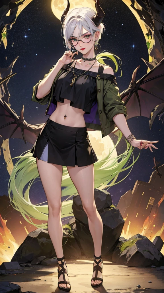 8k, masterpiece, best quality, highly detailed, 1 girl, tiefling, warlock, multicolored hair, very short straight hair green highlight hair on white hair, strippled hair, wearing glasses, round glasses, earrings, navel piercing, miniskirt, red eyeshadow, long eyelashes, blushed cheek, red lips, necklace, rings, collarbone, mole, glamorous, olive green clothing, smirk, fullbody view, rings, looking at viewer, demon horns, solo, nightmarish landscape, blue pale moon, standing, cosmic horror, decaying.