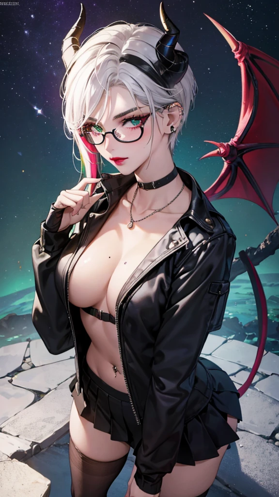 8k, masterpiece, best quality, highly detailed, 1 girl, tiefling, warlock, multicolored hair, very short straight hair green highlight hair on white hair, strippled hair, wearing glasses, round glasses, earrings, navel piercing, miniskirt, red eyeshadow, long eyelashes, blushed cheek, red lips, necklace, rings, collarbone, mole, glamorous, olive green clothing, smirk, fullbody view, rings, looking at viewer, demon horns, solo, nightmarish landscape, blue pale moon, standing, cosmic horror, decaying.