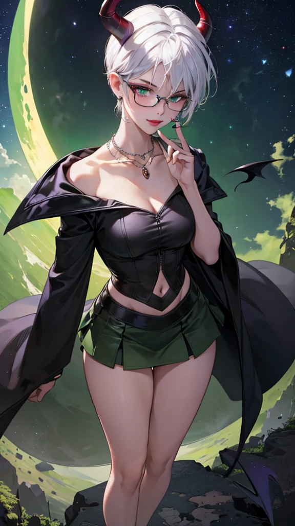 8k, masterpiece, best quality, highly detailed, 1 girl, tiefling, warlock, multicolored hair, very short straight hair green highlight hair on white hair, strippled hair, wearing glasses, round glasses, earrings, navel piercing, miniskirt, red eyeshadow, long eyelashes, blushed cheek, red lips, necklace, rings, collarbone, mole, glamorous, olive green clothing, smirk, fullbody view, rings, looking at viewer, demon horns, solo, nightmarish landscape, blue pale moon, standing, cosmic horror, decaying.